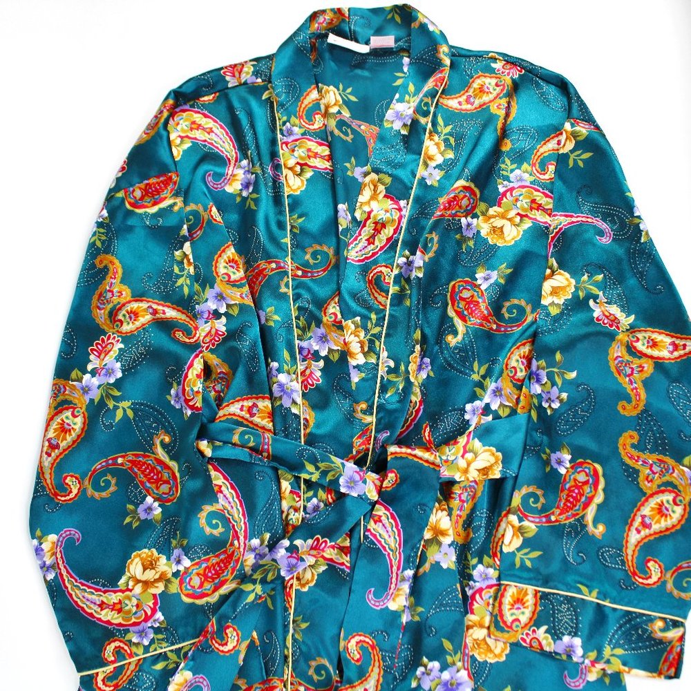 Kathryn Women's Satin Belted Floral Robe Size Large Blue Roses Silky Vintage EUC